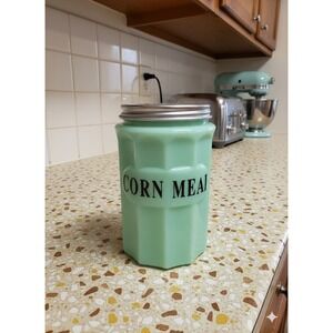 Vtg 2005 Reproduction Jadite Green Glass Corn Meal Round Canister Lidded Jar
